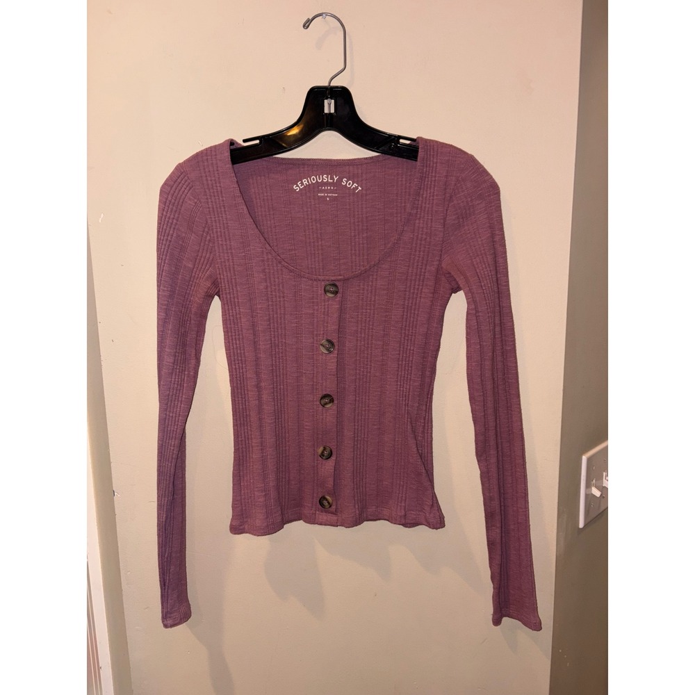 Aeropostale Seriously Soft Ribbed Button Front Top Mauve Purple Long Sleeve S